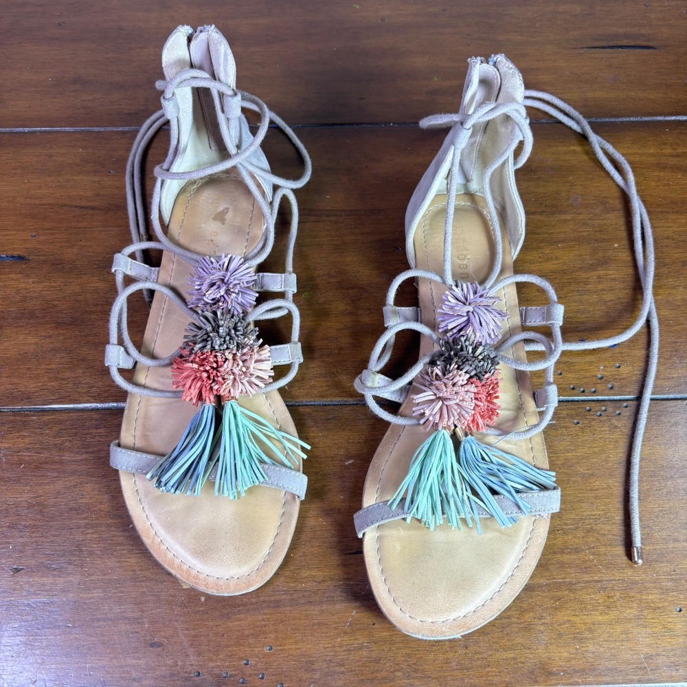 Madden Girl SOFUN Sandals Womens 8.5 Taupe Gladiator Lace Up Pom Pom Tassel Boho